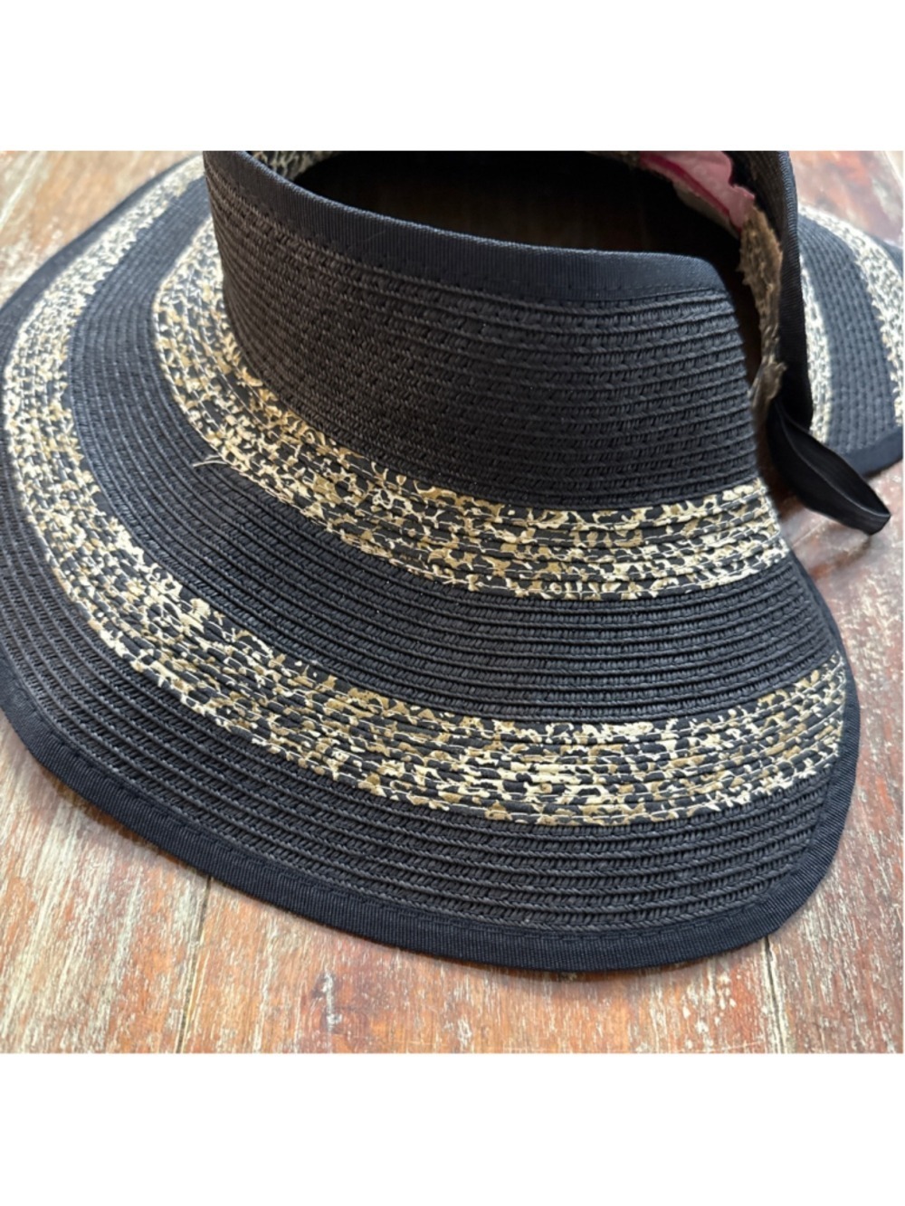 Scala Handcrafted Leopard Print Straw Sun Visor Wide Brim Black One Size - Picture 5 of 9
